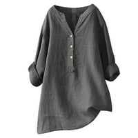 Puntoco Plus Veličina za čišćenje ženske bluze Žene V-izrez dugih rukava s dugim gumbom pamučne i posteljine tuničke majice Ljetne majice Bluza Siva 4