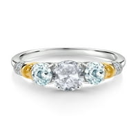 Sterling srebrna i 10k žuti zlatni ovalni bijeli Topaz nebe plavi akvamarin i bijeli dijamantni kameni prsten za žene