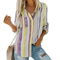 Ženska modna V izrez Striped Roll up ruffe dvostruke bluze vrhovi sa džepnim labavim košuljom