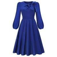 Ženske pune boje Bow rukava s dugim rukavima Vintage haljina haljina s kratkim hlačama i džepovima Plava
