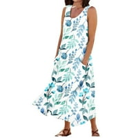 Ženska ljetna casual modna cvijeta tiskana bez rukava okrugla džepova s ​​nebom plava xl