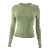 Žene s dugim rukavima okrugla vrata tanka bluza od pune boje casual majica zelena s