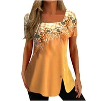 Scyoekwg Grafičke majice za žene Square Crt kratkih rukava Summer Cvjetni ispis Ležerne prilike Ležerne prilike Bluze s gumbom za ruke Bluze # a = žuti m
