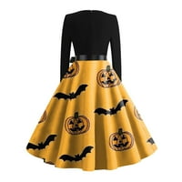 Bazyrey haljine za žene za žene plus veličine Vintage Classic haljina dugih rukava Halloween Print V-izrez Swing haljina žuta m