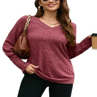 Colisha Women Knit vrhovi dugih rukava Jumper TOP V izrez pulover pletiva strana pletena majica crvena
