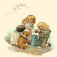 Dječja knjiga Ilustracija djece izgradnja kule od igračkih karata Poster Print Nepoznato