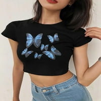Carolilly ženski kratki rukav, ljetni leptir grafički grafički print Crewneck Slim Fit Tee majica