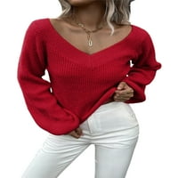 Niuer Women obični džemperi V izrez Jumper Tops casual dugih rukava Pletenje pulover crvene s