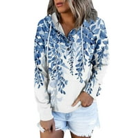 Hunley Hoodie Women Slatko Henley džepni gumb niz dukseri za žensku modnu majicu s dugim rukavima Žene zimske pulover s kapuljačom za žene Plavi XL