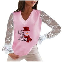 Ženski VRET dugi rukav džemper vrhovi vrpce labavi pulover duks za žensko proljeće V ovratnik čipka jakna Božićni ispis Jesenja i zimska bluza dugih rukava s dugim rukavima, žene s dugim rukavima