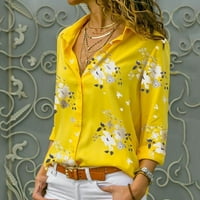 Grafički tinejdžeri za žene za žene WOOL PLUS veličina Labavi ispis V-izrez gumba za bluzu za bluzu pulover majica Ženske vrhove Žuto