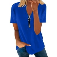 Žene Solid bluza sa zatvaračem Prednja tunika V Ret Tes Comfy Basic Thirts Modni vrhovi kratkih rukava Plavi m
