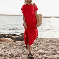 Ljetne haljine za žene kratki rukav čvrst modni modni gležanj dužine a-line okrugle dekolte dress crvena