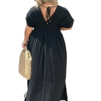Žene Maxi haljine s kratkim rukavima duga haljina V izrez Ljeto plaža Sundress dame boemian Holiday Black XL