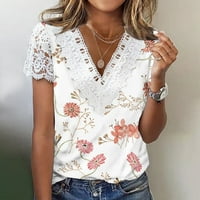 Drindf Žene Ljetne majice Tunike čipke V izrez kratki rukav Trendy šuplji izleti cvjetni ispis majica