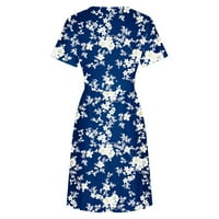Žene kratki A-linijski kratki rukav modni okrugli dekolte, ljeto od tiskane haljine tamno plavi xl