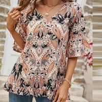 Žene Paisley Floral Aztec Ispis bluza Dužine za laktove V košulja Vreže ruffle hem Tunic Flowy Ležerne