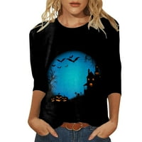 Ženska modna casual Three Quarter rukava Halloween Print Okrugli vrat Pulover Top Bluse Blue XXL