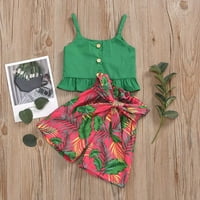 TODDLER Ljetne djevojke Zeleni suspender Top Crveno drvo Print Kratke hlače od plaže Dječje odijelo