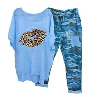 Objave za žene postavljaju pamučni posteljina poluga Leopard Lip grafički bluza i labavi crtač udobnih maskirnih džepova hlače setovi trenerke plave l
