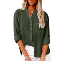Ženske pamučne posteljine labave majice Kardigan odjeća za stalak ovratnik Spring Solid Tees Trendy Jesen Fit Ležeran ugodni rukav zeleni l
