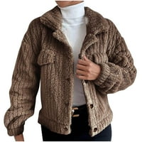 Lovskoo Žene Fuzzy Fleece rever Otvoreni prednji kardigan kaput dugih rukava Trendi labavi odjeća sa čvrstim bluzama kaput vrhova Bluza Brown