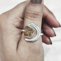 Prirodni citrinski prsten, grubi citrinski polumjesec Podesivi prsten, novembar rođenje, srebro, ženski