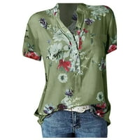 Qcmgmg zelene bluze za žene casual Henley majice cvjetni kratki rukav labav mot Ljeto dugme dolje zeleno