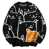 Mens Crewneck džemper slatka mačka print dugih rukava casual pletene vrhove pulover crna veličina m