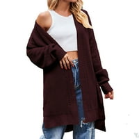 Vremenski kaput za ženske ležerne pletene džemper s dugim rukavima, kapuljače od papirne boje, vino,