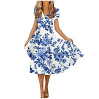 Bazyrey ženske haljine ljeto kratki rukav fit & flare haljine ženske cvjetne modne haljine V-izrez plave