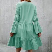 Ležerna labava pamučna haljina za ženska mini haljina s dugim rukavima V-izrez