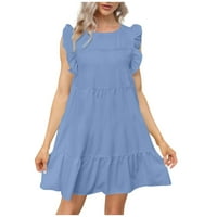 Clearsance Ljetne haljine za žene okrugli izrez temperatue Mini tiskani A-line kratkih rukava haljina plave s