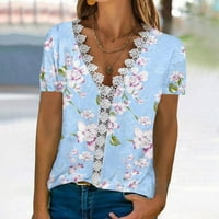 Homeneli Žene Ljetni vrhovi - Modni V-izrez Flora Casual Labave majice kratkih rukava za žene svijetloplava