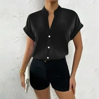 Ženske košulje s kratkim rukavima Solid Boja V izrez Modni casual gumb zastoj navratnika TOJ LAME Ljetne vrhove i bluze