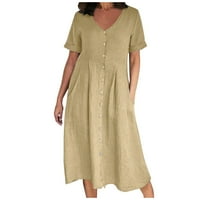 CETHRIO Ljetna casual haljina - modna ljetna casual V-izrez Čvrsta kratkog rukava džep pamučna posteljina haljina kaki