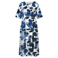 Ljetne haljine za žene kratki rukav A-line Dužina gležnja Ležerna scoop vrat tiskana haljina tamno plava
