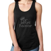 Ženska majica Rhinestone Bling Black Tee Diva Rock Počnite bijeli Crystal Rezervoar za čišćenje Back