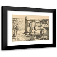 Richard Nicolaüs Roland Holst Crni moderni uokvireni muzej umjetnički print pod nazivom - dva konja na stalku za sijeno u stabilnoj