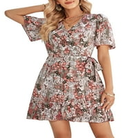 Ženska ljetna cvjetna maxi mini haljina kratki rukav V rectove Bohemian Ruffled plaže haljine