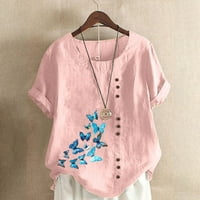 Olyvenn ženski trendy gumbi pamučni posteljina košulja Rollbacks odjeća modni ljetni kratki rukav Butterfly