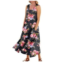 Ovecza plus veličina maxi haljine za žene cvjetni linijski ljetni radne haljine dugačka tenka kućna haljina bez rukava pamučna lana haljina s džepovima crna l