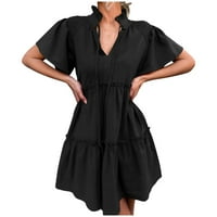 CETHRIO ženska haljina za ljetnu haljinu s kratkim rukavima za V izrez pune haljine casual ruffles haljina crna