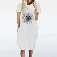 Ljetna haljina za čišćenje ženskog casual labavog suncokretovog ispisa Haljina s kratkim rukavima V-izrez haljina bijela