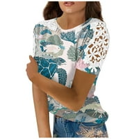 Ballsfhk Ženska modna čipka šuplje štampanje imitacija pamučne okrugle vrat kratkih rukava majica
