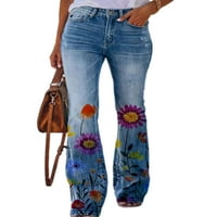 REJLUN Ženska dna cvjetne tiske Jeans Stretchy Long Hlače Vintage pantalone Modna škola 2xl