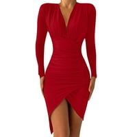 Haljine za žene ženke V-izrez dugih rukava s dugim rukavima od bodycon haljine srednje dužine ljeta Chemise Chemise crvene m