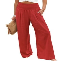 SDGHG Ljetne žene Labave pantalone, dame Stvarno u stilu Slatko u boji visoke struk ruched plaže široke pantalone za noge sa džepom