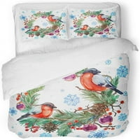 Posteljina set crvena prekrasna božićna vijenac ptica akvarel bobica grana Twin Veličina prekrivača sa jastukom za kućnu posteljinu ukras u sobi