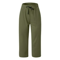 Qcmgmg Dressy Capri pantalone za žene Petite labave crtežne hlače za žene povlačenje na ravne pantalone za ravne noge za žene sa džepovima vojska zelena l